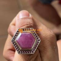 Nhẫn bạc ốp vàg12k đá Ruby nhẩn hoa văn độc ny20
