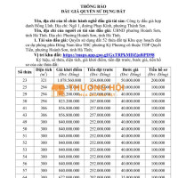 THÔNG BÁO ĐẤU GIÁ QUYỀN SỬ DỤNG ĐẤT (52 THỬA tại Khu quy hoạch dân cư dự phòng phía Đông Nam Khu TĐC phường Kỳ Phương cũ, TDP Quyết Tiến, phường Hoành Sơn, tỉnh Hà Tĩnh
