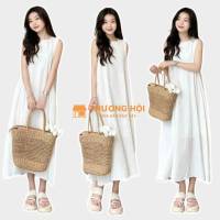 Váy ba lỗ đũi gân 2 lớp dáng xoè dài màu kem