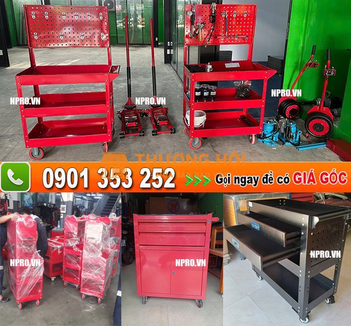 Xe đẩy 3 ngăn - bảo quản, di chuyển phụ tùng vật tư, đồ nghề thuận tiện