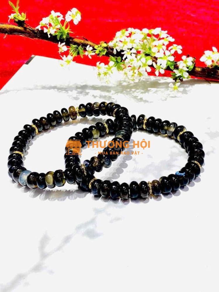 Vòng tay bánh xe chalcedony vân hoa xám đen