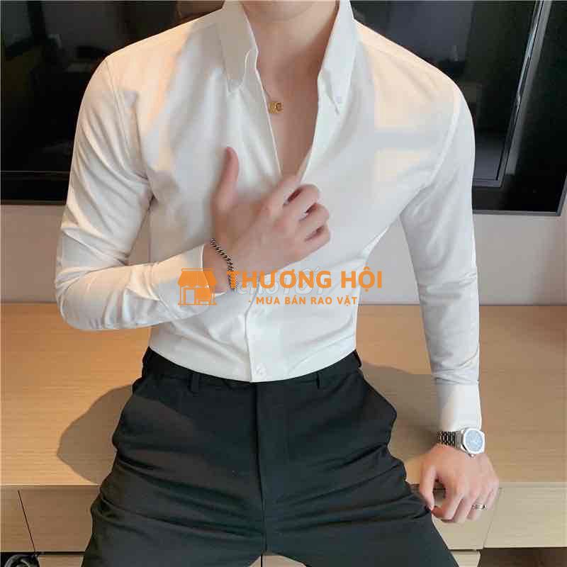 ÁO SƠ MI NAM CỔ V CÔNG SỞ TRẮNG ĐEN TAY DÀI CÚC CỔ