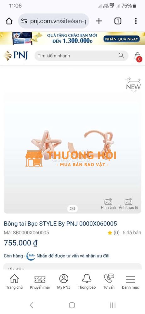 bông tai bạc 925 pnj
