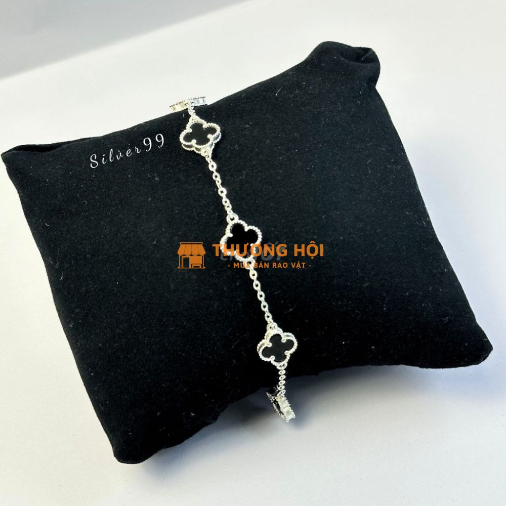 Lắc tay bạc nữ 925 Cỏ bốn lá đá đen