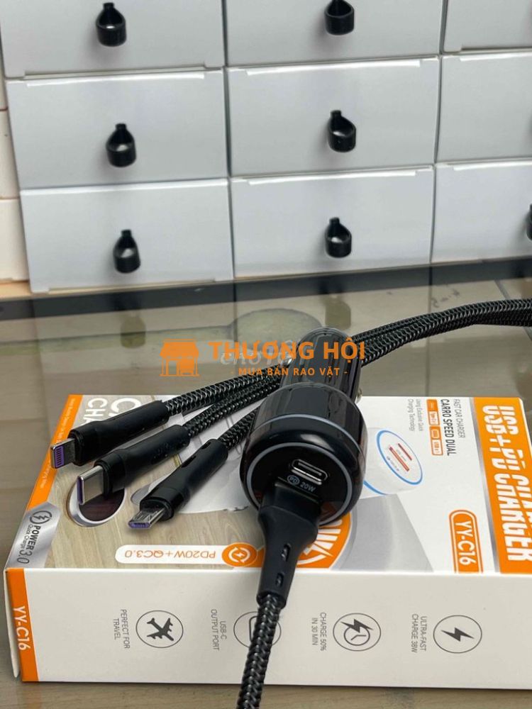 Tẩu sạc ô tô 2 cổng - Tặng dây sạc 3 hoặc 4 đầu