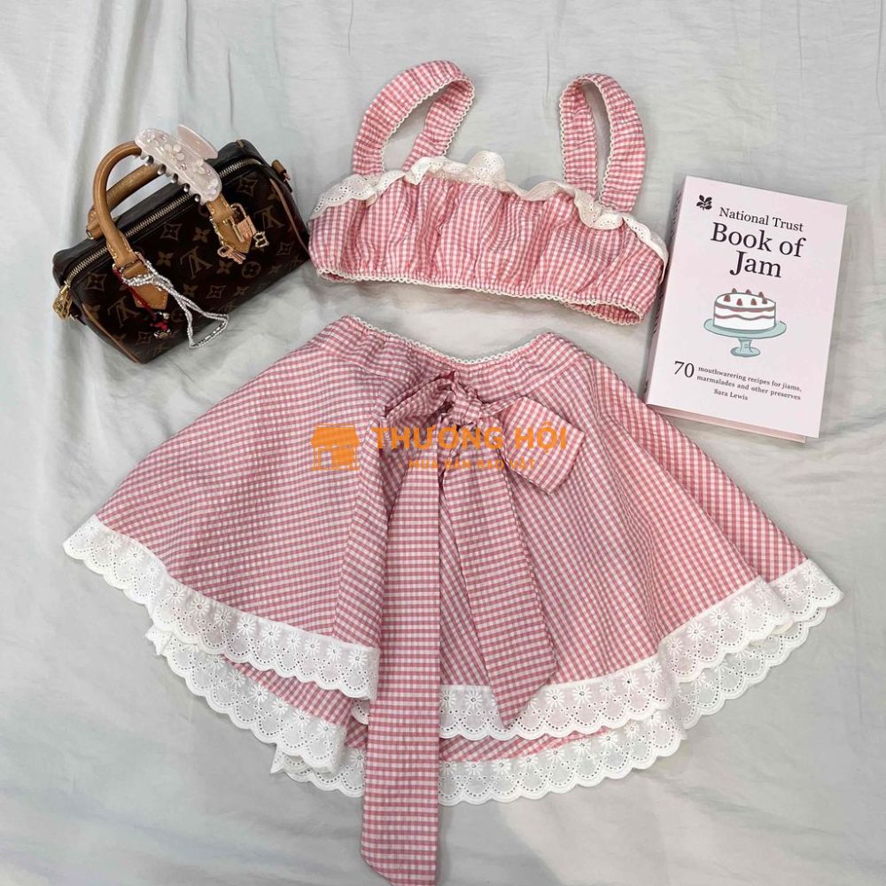 Set váy hồng caro tiểu thư ngây thơ, new
