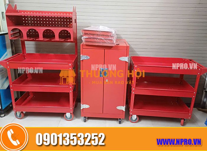 Xe đẩy 3 ngăn chứa đồ nghề màu đen / đỏ
