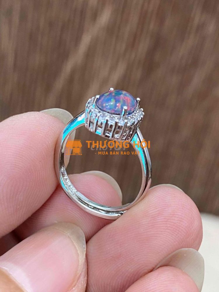 Nhẫn bạc Nữ free size, mặt đính Opal, viền đính CZ