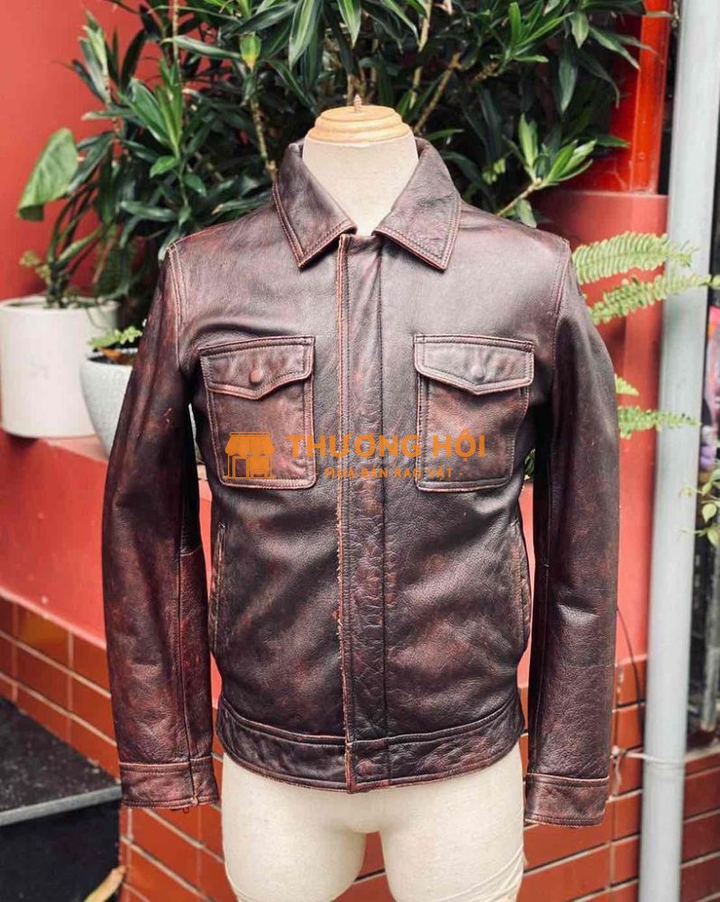 Áo da bò mài cổ bẻ túi hộp