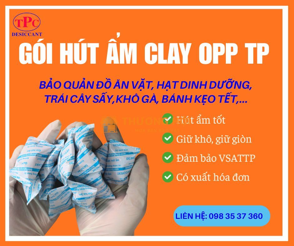 Gói hút ẩm Clay OPP TP bảo quản đồ ăn vặt, khô gà, mứt tết hiệu quả, an toàn