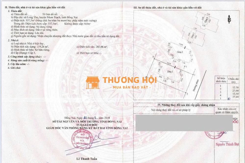 Cần bán căn nhà vườn khu đô thị Hud Nhơn Trạch diện tích 337m2 - Sổ hồng hoàn công đầy đủ.