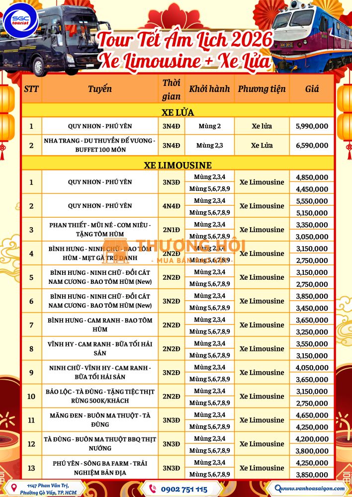 TẾT ÂM LỊCH 2026 –DU XUÂN TRÊN XE LIMOUSINE VÀ TÀU LỬA CÙNG SGC TOURIST