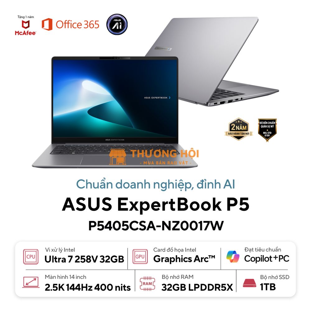 Máy tính xách tay Asus ExpertBook P5 P5405CSA-NZ0017W  (Intel Core Ultra7-258V/ 32GB RAM/ 1TB SSD/ WL + BT/ 14" WQXGA 144Hz 100% sRGB/ Win 11 Home/ Misty Grey/ 2Y)