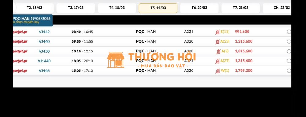 Vé Máy Bay Phú Quốc (PQC) - Hà Nội (HAN) Thứ năm 19/03/2026