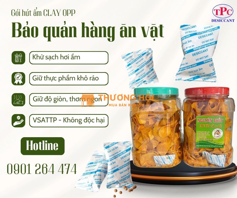 Gói hút ẩm Clay giữ giòn, chống yểu cho hàng ăn vặt Tết